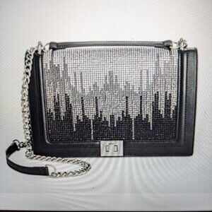 INC Ajae Flap Sky Hotfix Crystal Embellishment Shoulder Evening Bag Black Silver